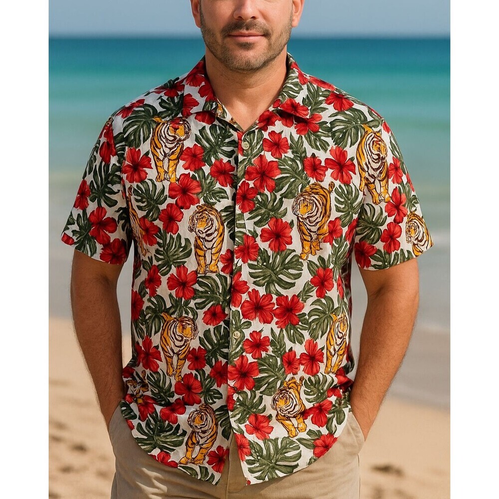 No Boundaries Hawaiian Beach Shirt Mens 3XL Floral Tiger  Button Up Short Sleeve
